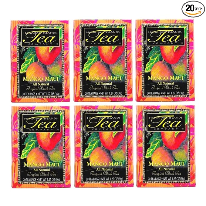 Hawaiian Islands Mango Maui Tropical Black Tea, All Natural - (Six 1.27 Oz. Boxes with 20 Tea Bags Per Box)