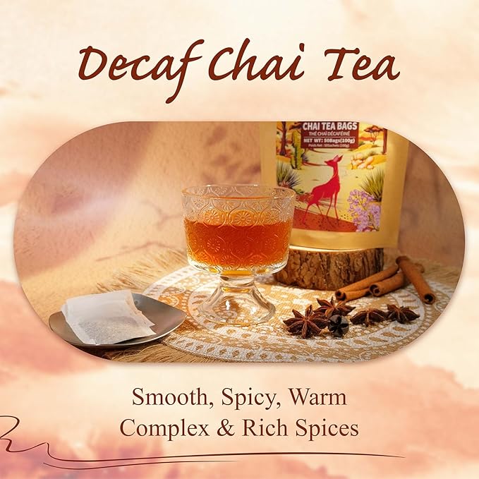 WT WEETEE Decaf Chai Tea Bags 50 Count, Blend CO2 Decaffeinated Black Tea with 6 Spices Chai, Rich & Cinnamon Aroma, Dairy & Flavoring Free