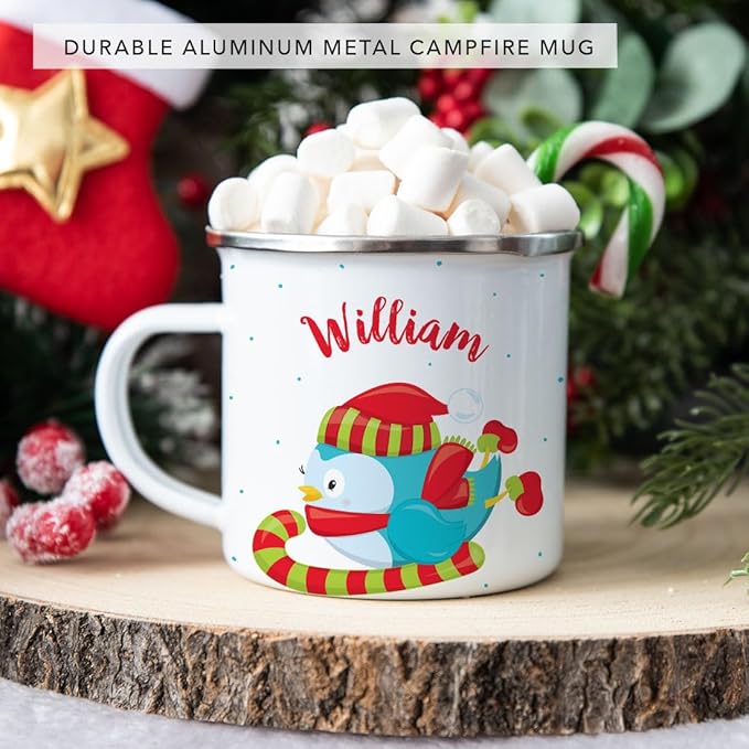 Andaz Press Personalized Name 11oz. Kids Christmas Hot Chocolate Stainless Steel Campfire Coffee Mug, Festive Blue Owl Candycane, 1-Pack, Custom Child’s Birthday Xmas Cup