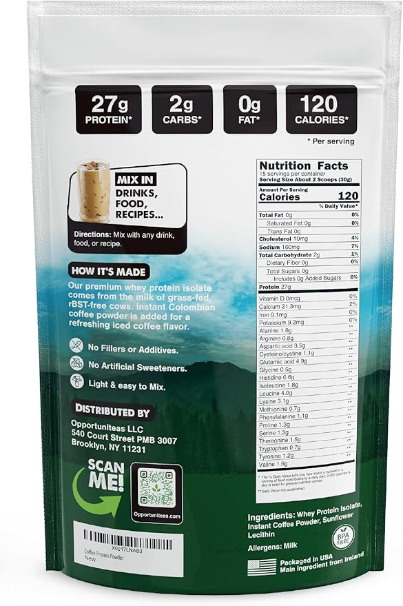 Opportuniteas Coffee Whey Protein Powder - Low Carb & Keto Friendly - Grass Fed Whey Isolate + Colombian Coffee - 60 mg Caffeine for Energy - Pre or Post Workout Drink Mix, Latte, Shake & Smoothie 1lb