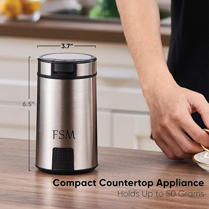FSM Electric Coffee Grinder and Spice Mill with Safety Lock System – Rustproof Stainless Steel with Transparent Lid and Gripping Base – Grind Whole Beans, Seeds, Nuts, Herbs and Flaxseed -1.76 Oz.