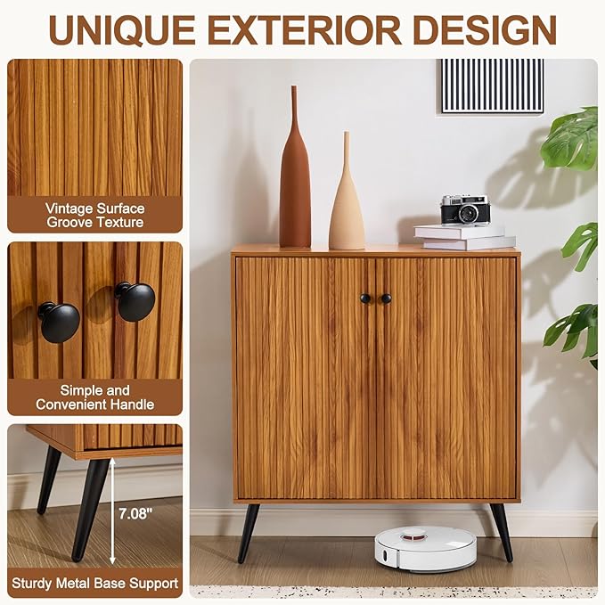 EROMMY Fluted Sideboard Buffet Cabinet, Wooden Storage Cabinet with Adjustable Shelf, Multifunctional Accent Cabinet with Adjustable Shelves for Dining Room, Living Room, Entry, Hallway, Walnut