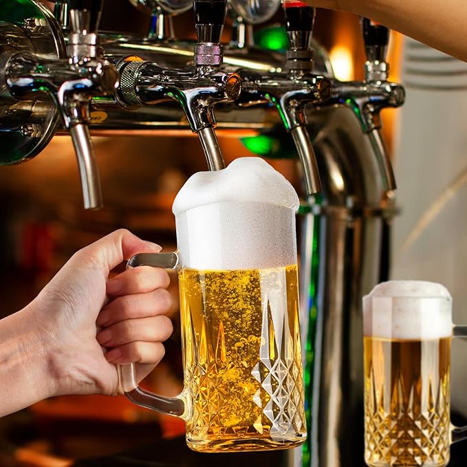 20oz Beer Mug, 4 Pack Glass Beer Mugs for Freezer, Clear Large Beer Steins with Handle, Gifts for Men
