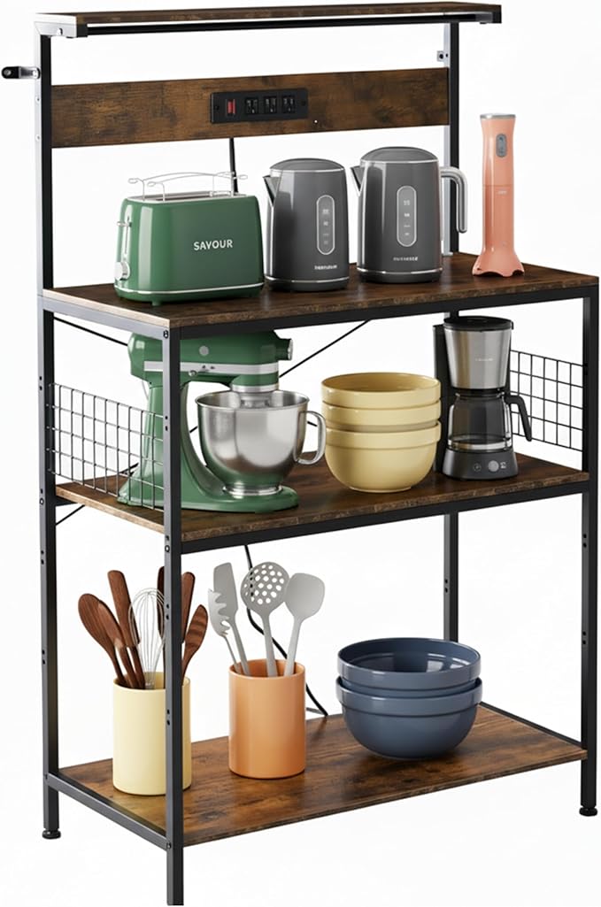 Simple Deluxe Kitchen Bakers Rack with Power Outlet, Coffee Bar Accessories Table, 4-Tier Adjustable Storage Shelf for Spices, Freestanding Appliance Organizer, 31.5 Inch, Rustic Brown