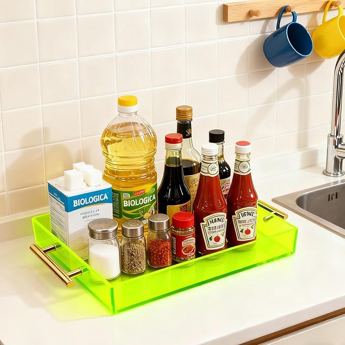 Acrylic Serving Tray with Handles Large Ottoman Food Decorative Tray for Coffee Table Tea Fruit Snack Kitchen Bar Platter, 17x13’’, Neon Green