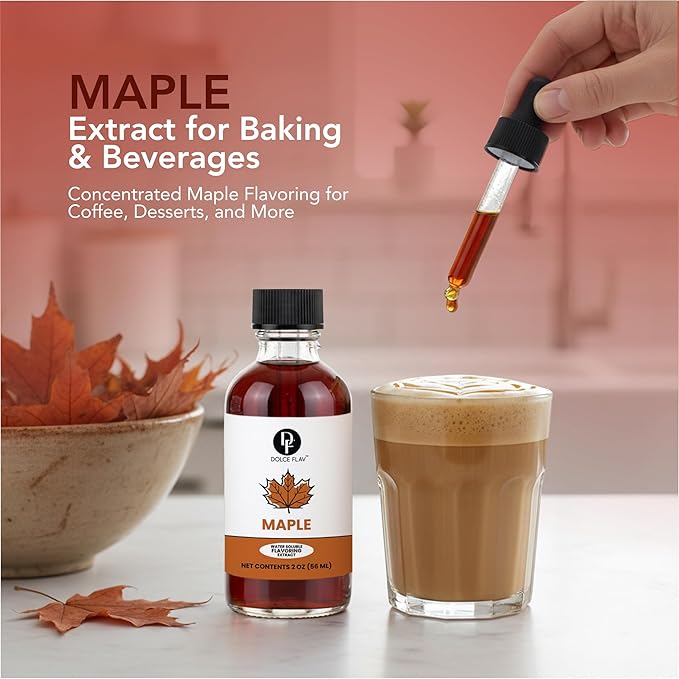 Dolce Flav Maple Extract - 2 Ounce Water-Soluble Multipurpose Flavoring Ideal for Baked Goods, Beverages, Coffee, Desserts & Ice Cream - Perfect Kitchen Gift for Holidays