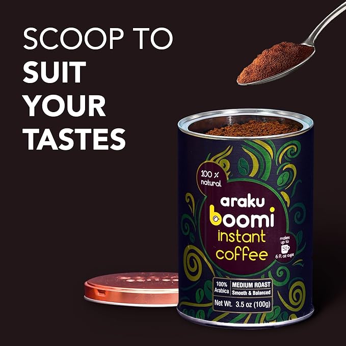 Boomi Premium Single Origin Instant Coffee Powder - Medium Roast, 100% Arabica, Mold & Mycotoxin Free, Low Acid - 3.5oz Tin (1 Pack)