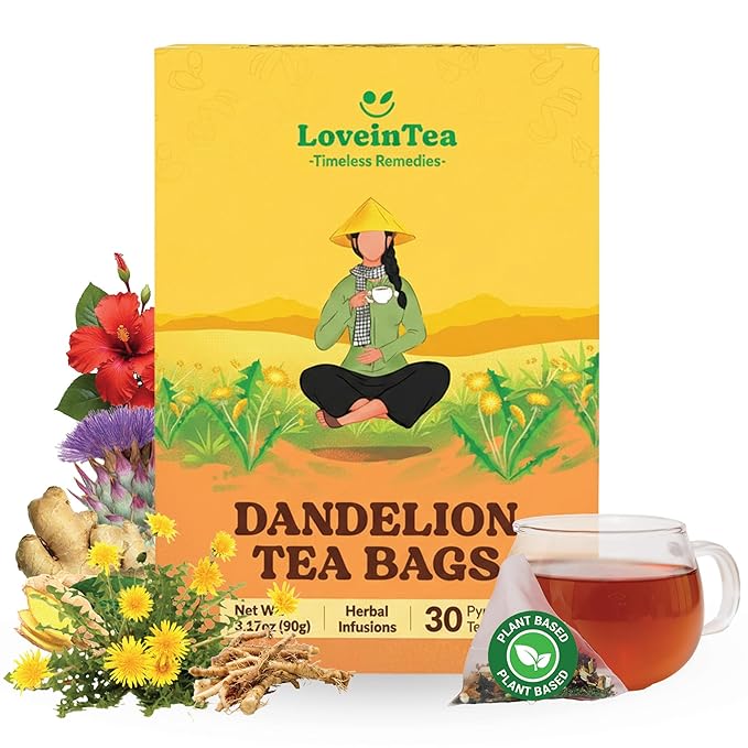 LoveinTea Dandelion Herbal Tea Bags, Detox Tea, 100% Natural Vietnamese Dandelion Blend, Caffeine-Free, Plant-Based Pyramid Bags, 30 Count