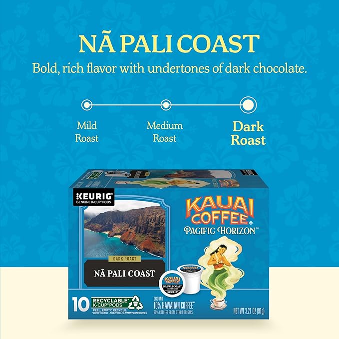 Kauai Coffee K-Cup Pods for Keurig Brewers – Arabica Coffee, 10% Hawaiian – Dark Roast, Nutty with Sweet Chocolate Overtones – Na Pali Coast, 2 Pack of 10 Single Serve K-Cups