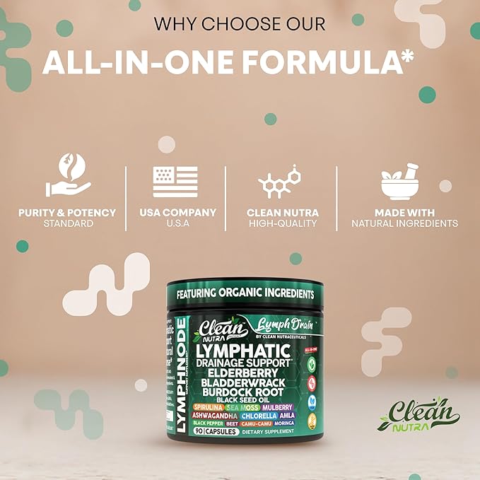 Organic Lymphatic Drainage Supplements | Elderberry Bladderwrack Burdock Root Black Seed Oil Spirulina Sea Moss Ashwagandha Chlorella Amla Beet Moringa Chlorophyll Lymph System Capsules By Clean Nutra