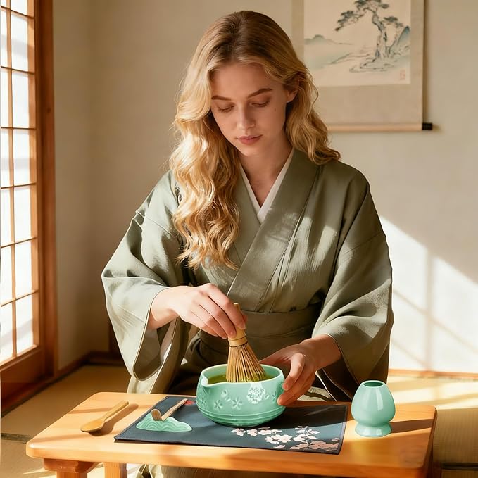 Matcha Whisk Set, Ceramic Bowl with Spout, Bamboo Matcha Whisk & Spoon, Chasen Holder, Scoop Rest, Sifter, 8-Pcs Japanese Ceremony Matcha Powder Kit–Christmas Gift for Women-Mint