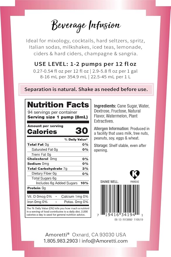 Amoretti - Watermelon Beverage Infusion, 94 Servings Per Bottle (750 ml) - Drink Mix & Water Enhancer with Pump for Flavoring Cocktails, Waters, Teas, and other Beverages, Preservative Free