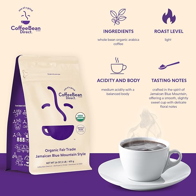 Coffee Bean Direct Organic Fair Trade Jamaican Blue Mountain Style, Whole Bean Coffee, Light Roast, 1 Pound Bag (Pack of 1)