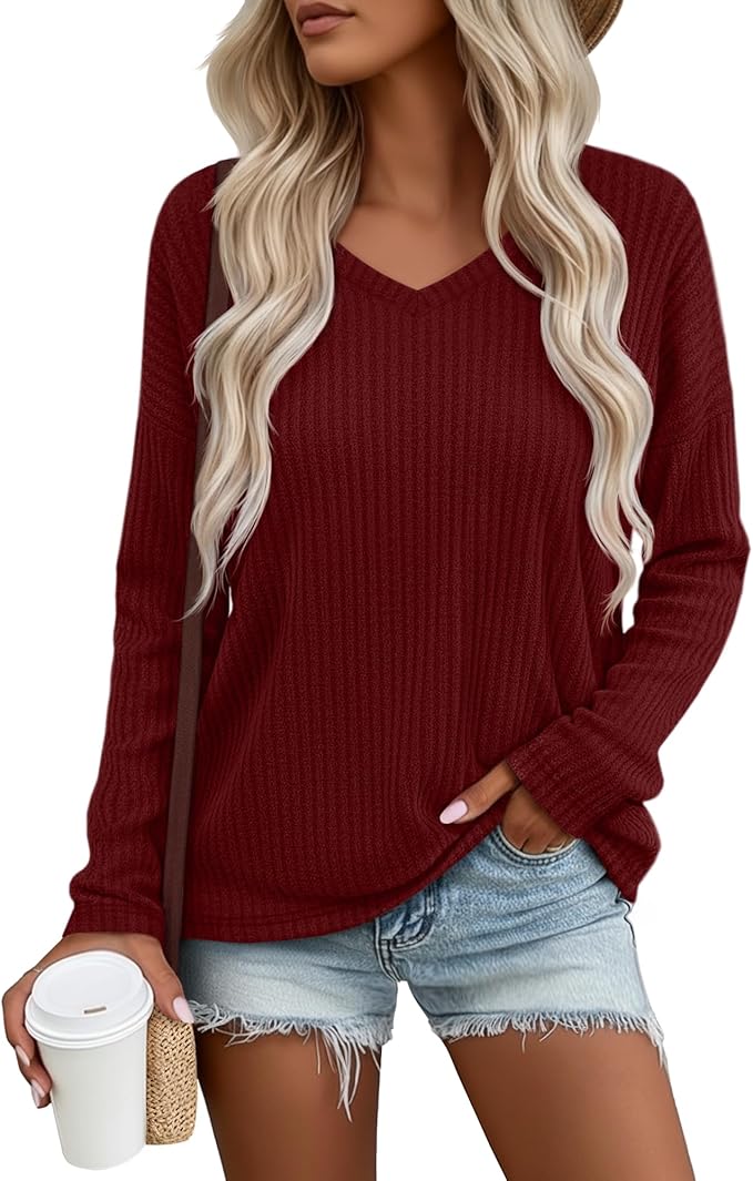 Women's V Neck Sweater Long Sleeve Knit Oversized Shirt Loose Lightweight Fall Casual Pullover Sweater Top