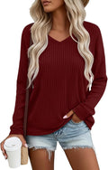Women's V Neck Sweater Long Sleeve Knit Oversized Shirt Loose Lightweight Fall Casual Pullover Sweater Top
