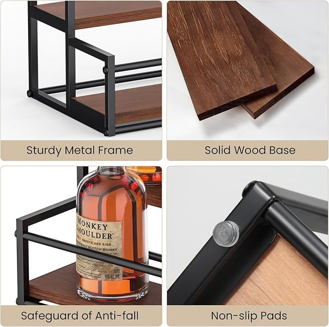 THYGIFTREE Liquor Bottle Display Shelf 2 Tier Rack Holder Bar Shelf Stand for Wine Whiskey Risers Organizer Kitchen Countertop