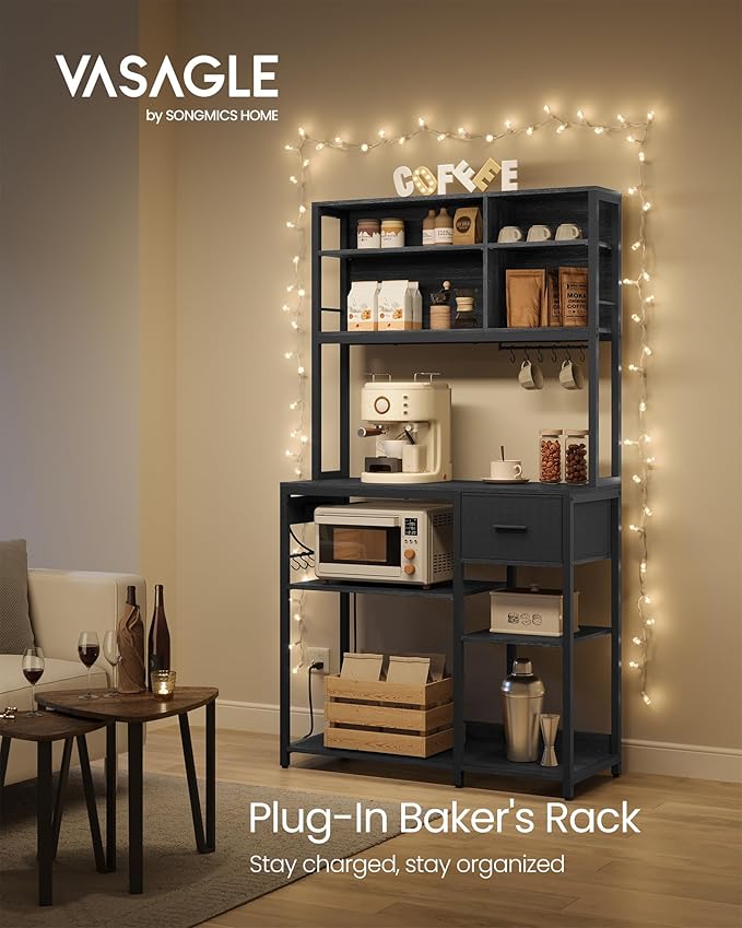 VASAGLE Bakers Rack with Charging Station, Coffee Bar, 15.7 x 39.4 x 71 Inches, Kitchen Microwave Stand, Adjustable Storage Shelves, Fabric Drawer, 12 Hooks, Charcoal Gray and Ink Black UKKS027B01