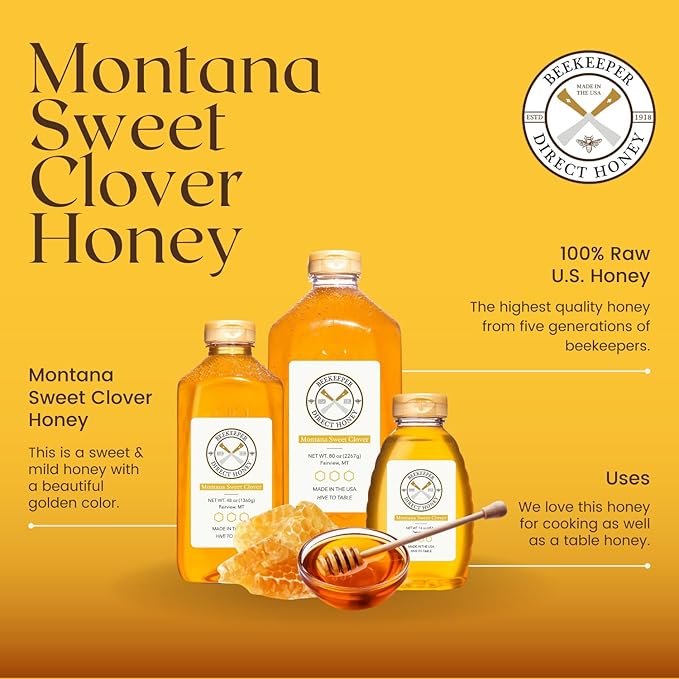 Beekeeper Direct Raw Unfiltered Honey - Real Raw Sweet Clover Honey - All Natural Non-GMO Pure Gourmet Honey - Local Montana Clover Honey (3lbs Squeeze Bottle)