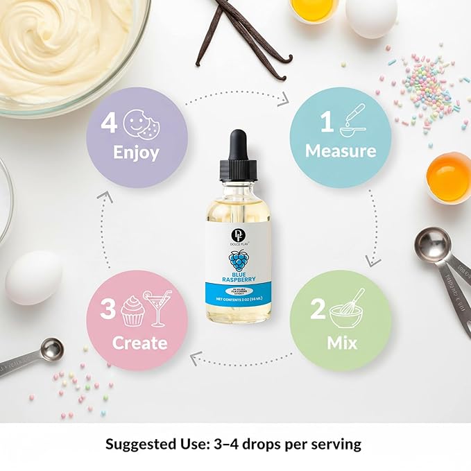Dolce Flav Blue Raspberry Extract – 2 Ounce Oil-Soluble Kosher, Sugar-Free, Concentrated Blue Raspberry Flavoring for Baking, Chocolates & Desserts, Includes Measured Dropper