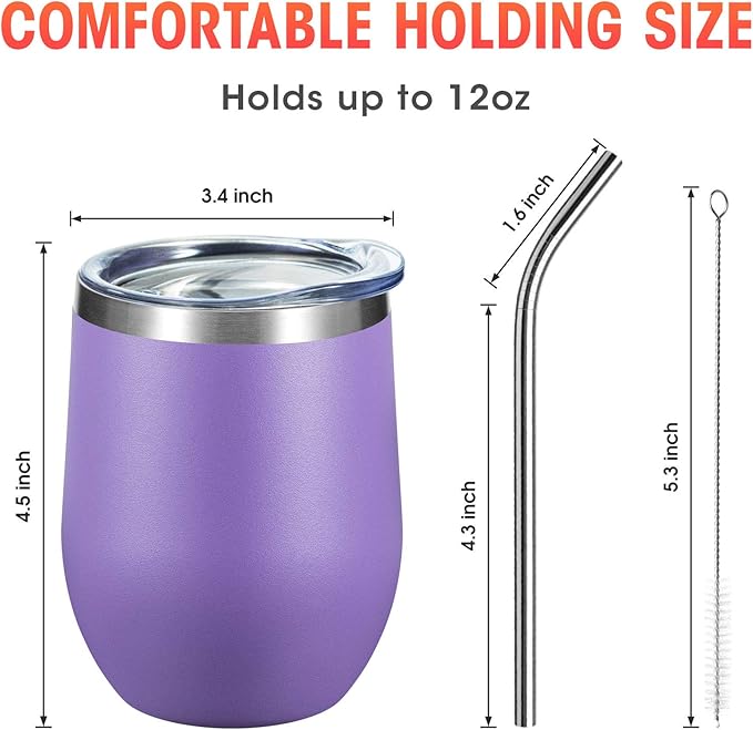 COMOOO Stainless Steel Wine Tumbler Bulk with Lid and Straw 12oz Double Wall Vacuum Insulated Travel Tumbler Cup Stemless for Hot and Cold Drinks, Coffee, Wine, Cocktails (Light Purple, 6 Pack)