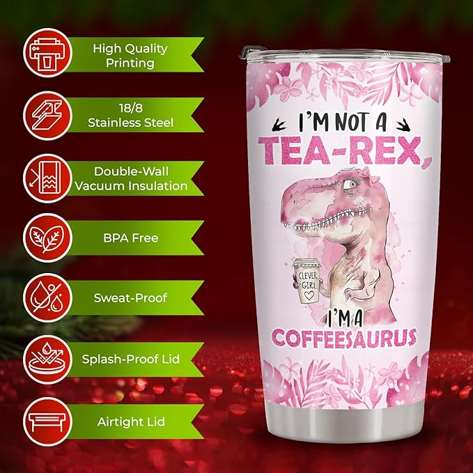 34HD Coffeesaurus Tumbler with Lid, 20 oz Stainless Steel Vacuum Insulated Tea Rex Coffee Mug, Birthday Gifts for Coffee Lover, Funny Dinosaur Gifts for Women Friend Teacher Sister Christmas Gift
