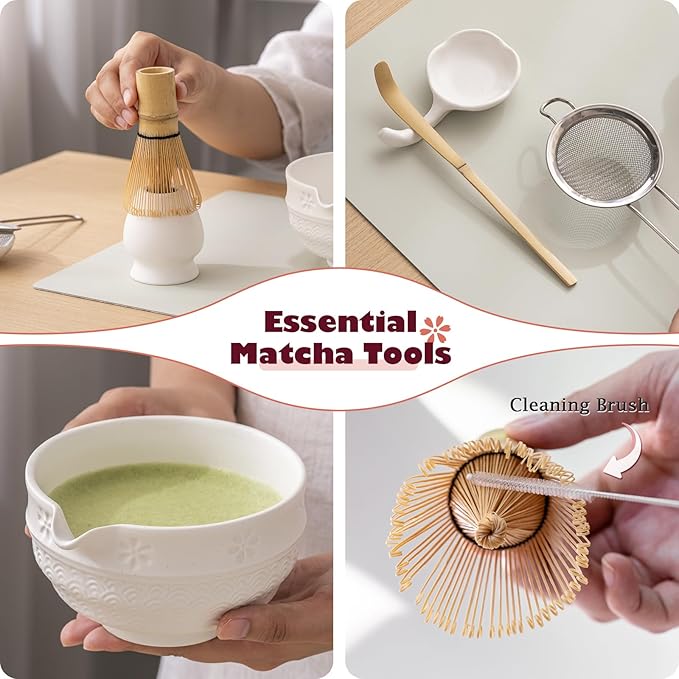 Matcha Tea Set, 8 Pcs Japanese Matcha Kit with Cherry Blossom and Wave Design Ceramic Bowl, Bamboo Whisk, Whisk Holder, Scoop, Sifter, Brush, Matcha Kit Set for Matcha Lovers (Speckled White)