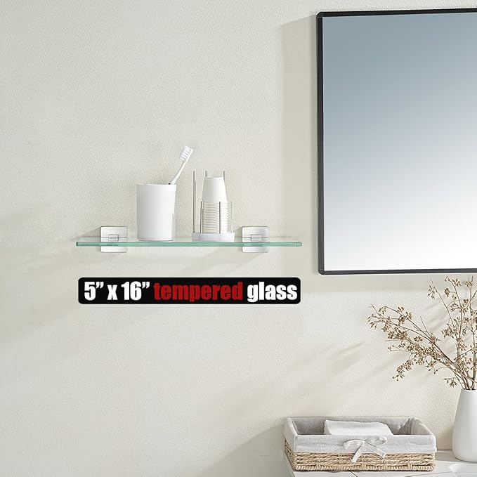JQK Bathroom Glass Shelf, Floating Tempered Glass Shower Storage 16 by 5 inches, 304 Stainless Steel Brushed Finish Wall Mount, TGS201L16-BN