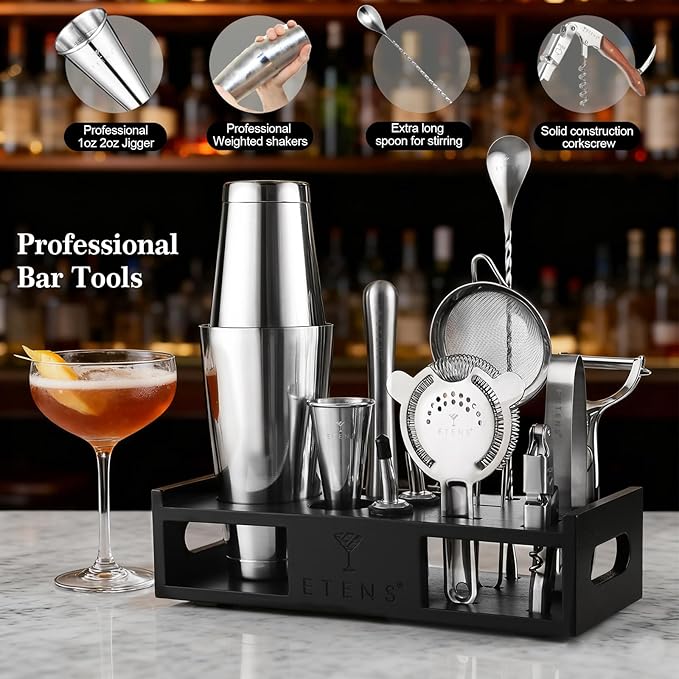 Cocktail Shaker Set Drink Mixer Bar Accessories – 15Pcs Mixology Bartender Kit Includes Boston Shaker, Japanese Jigger, Strainer, Bottle Opener, Cocktail Mixing Spoon – Handcrafted Wood Stand