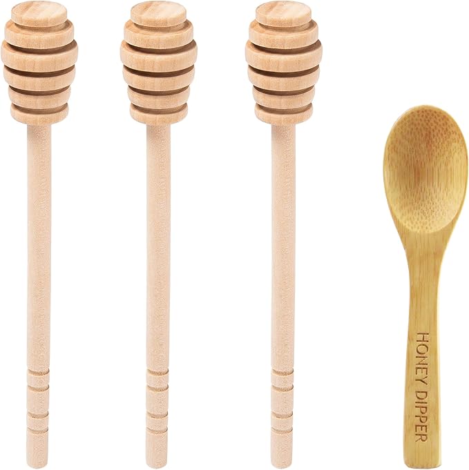 DESIOLE 4Pcs Wooden Honey Dipper Sticks Mini Honey Spoon, 6.3 Inch Honey Mixing Stirrer Comb Stick for Honey Jar Dispense Drizzle Honey Wedding Party