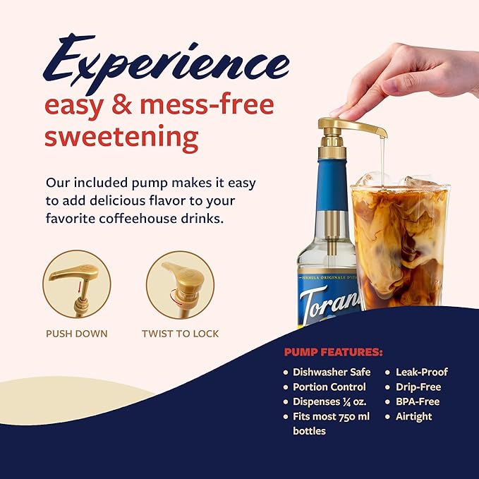 Torani Sugar Free Coffee Syrup, Vanilla Flavored Syrup for Drinks, Zero Calorie, Pump Included, 25.4 Fl Oz