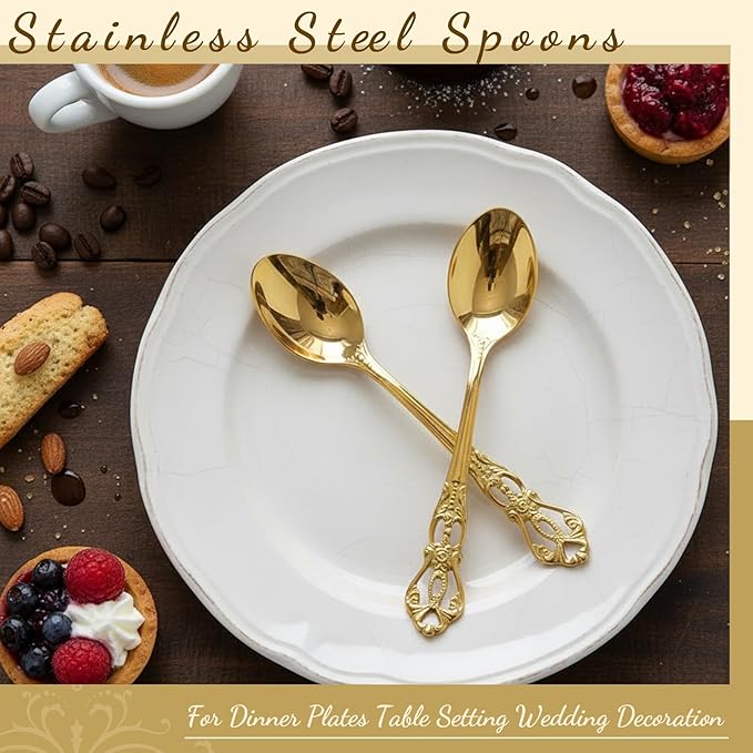 Dandat 20 Pcs 4.9" Gold Luxury Teaspoons Stainless Steel Gorgeous Tea Party Spoons Dessert Spoons for Stirring Coffee Sugar Drink Kitchen Cafe Bar Wedding Tableware, Vintage Style