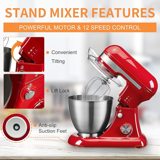4.8QT Stand Mixer, 12-Speed Electric Kitchen Mixer with Tilt-Head, Stainless Steel Bowl, Egg Whisk, Dough Hook & Beater – Lightweight, Compact for Small Kitchens (Red)