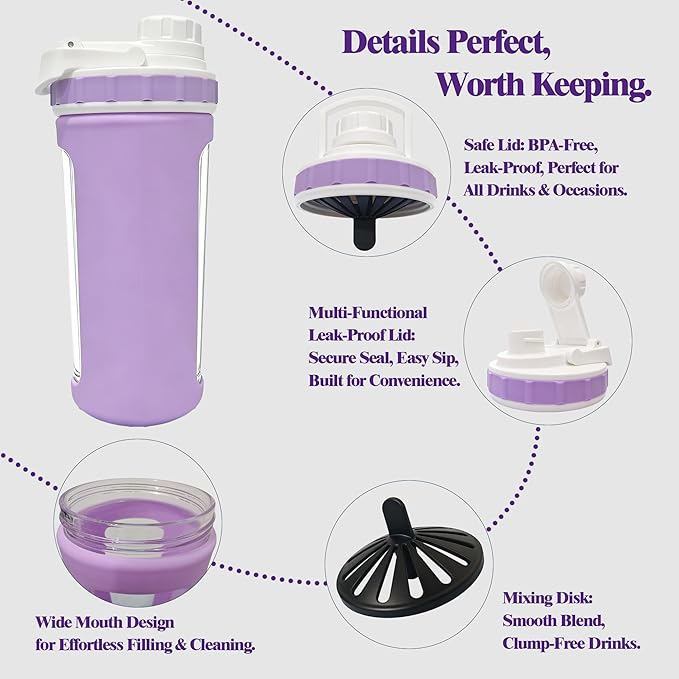 Glass Shaker Cup Odorless BPA Free– Glass Shaker Bottle for Protein 26oz Durable Borosilicate Glass, Leak-Proof & BPA-Free – Ideal for Creamy Protein Shakes, Smoothies & Workout Drinks (Lilac)