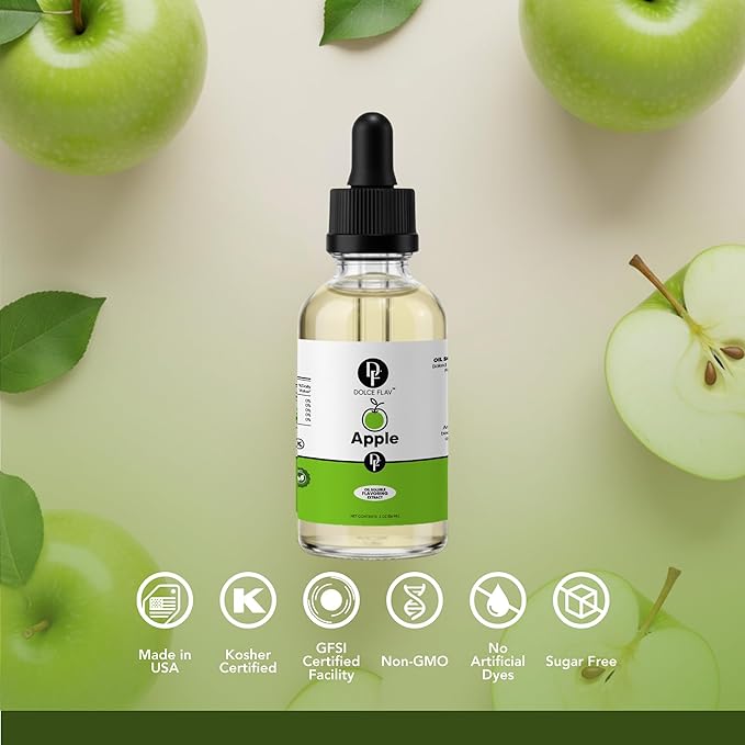 Dolce Flav Apple Extract 2 Ounce Oil-Soluble Kosher, Sugar-Free, Concentrated Crisp Apple Flavoring for Baking, Chocolates & Desserts, Includes Measured Dropper, Pack of 2