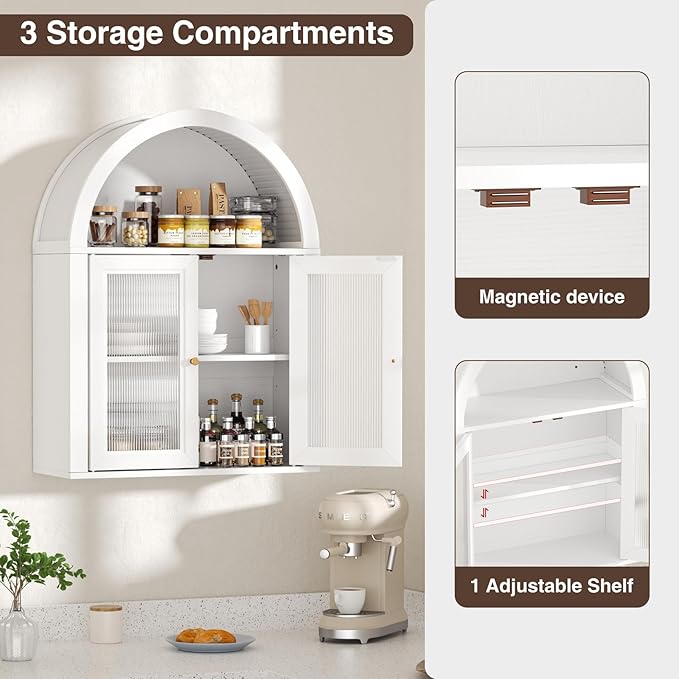 Arched Bathroom Cabinet, Wall Mounted Bathroom Cabinet with Acrylic Doors and Adjustable Shelf, for Kitchen, Living Room, Laundry Room, Restroom, White