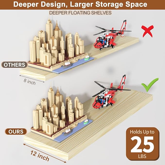 12 Inch Deep Floating Shelves for Wall 2 Pack Floating Shelfs Large Storage Space Wall Decor Display Shelf for Bathroom Living Room Bedroom Kitchen 48" W x 12" D x 1.2" H Natural Wood