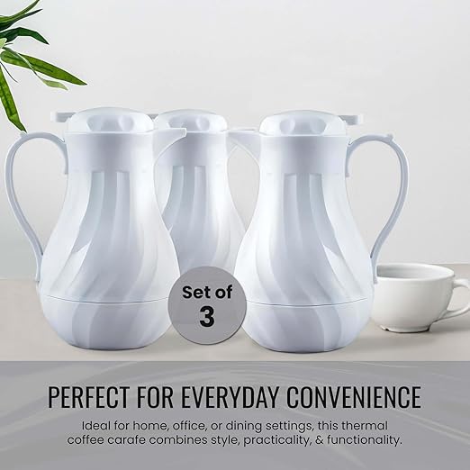 OCS Parts Set of 3 Easy Pour Thermal Coffee Carafes | 10-Inch Insulated Hot and Cold Beverage Pitcher Server for Coffee, Tea, Hot Chocolate and Water | 42-Ounce | White