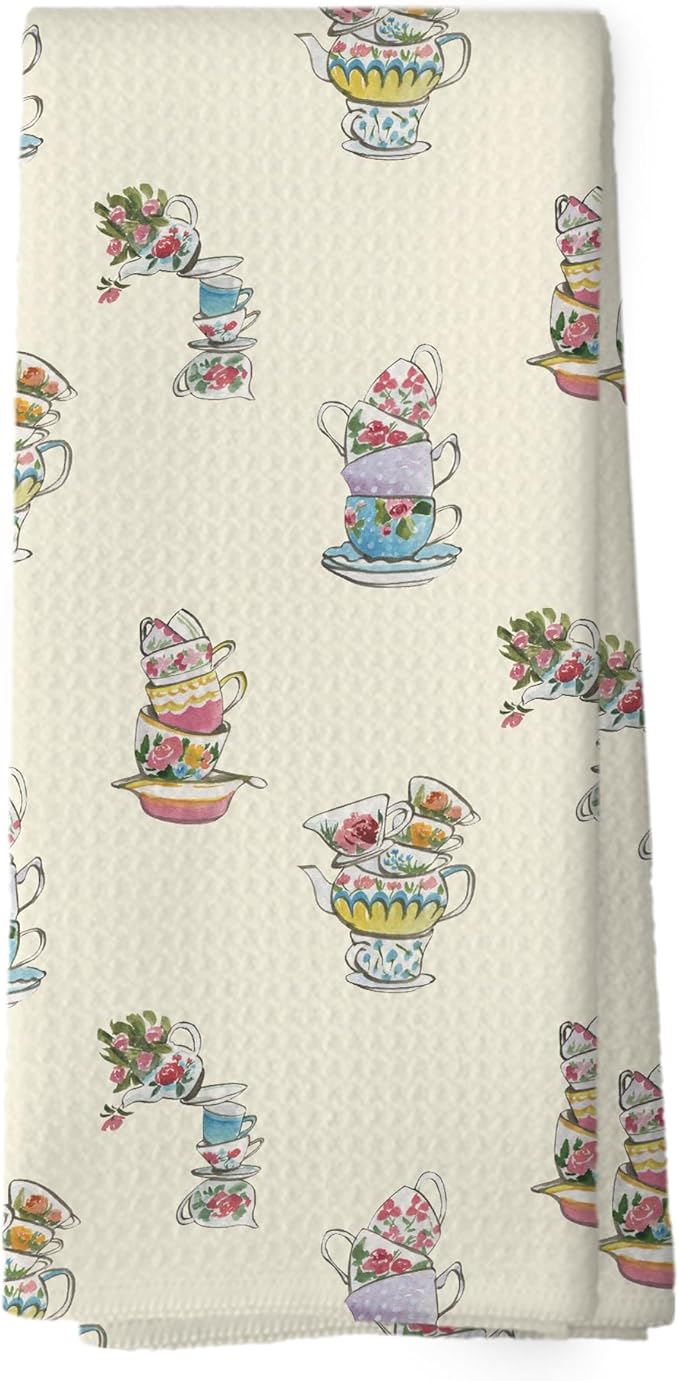 Vintage Spring Floral Teacups Kitchen Dish Towels, Retro Garden Tea Lover Gifts for Women, Roses Flower Cups Teapots Kitchen Decor, Tea Time Hand Towels Kitchen Tea Towels Decorations, 16x24inch