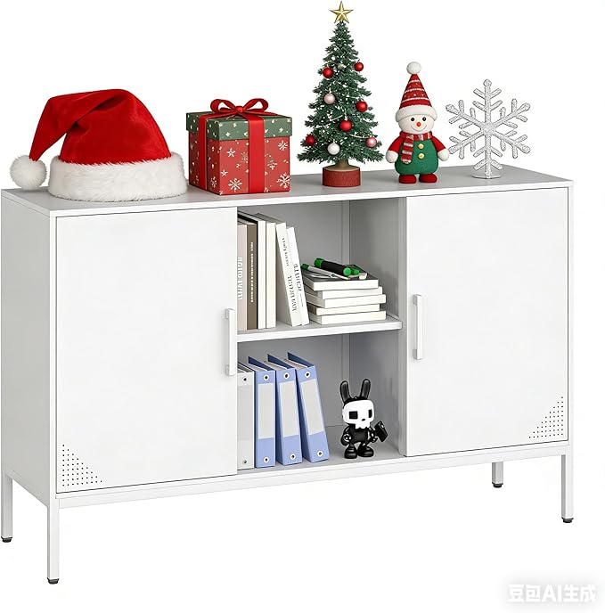 TV Stand with Door and Adjustable Shelves Sideboard Buffet Cabinet Coffee Bar Metal Locker Pantry with 2 Shelves for Office Home Kitchen Living Room (White, 47.24" D x 13.78" W x 29.53" H)