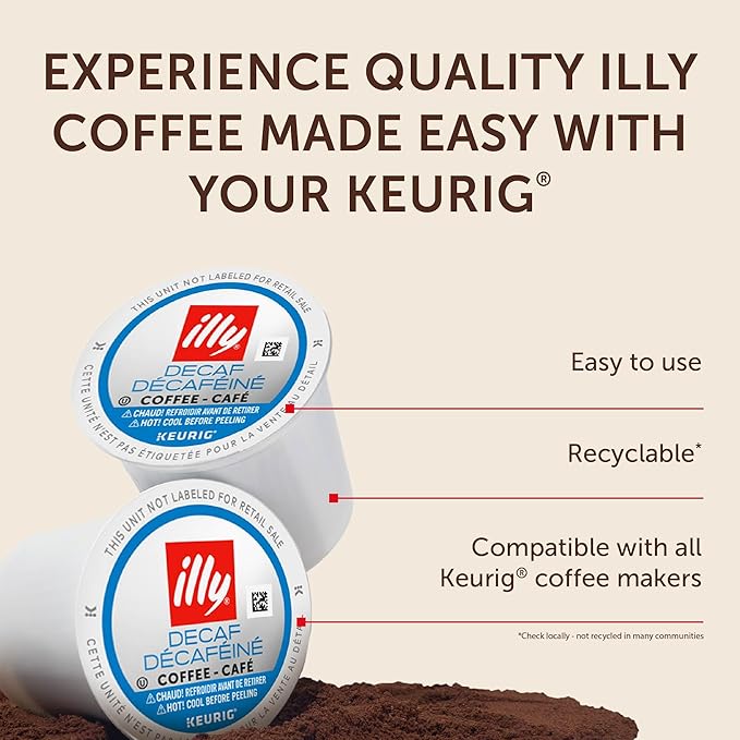 Illy Decaf Coffee K Cups - Compatible Pods for Keurig Coffee Maker - Classico Decaffeinated Roast - Mild & Balanced, Notes of Caramel - 10 Count (Pack of 6)