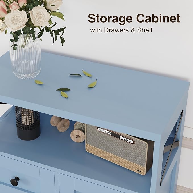 Farmhouse Light Blue Storage Cabinet with Barn Doors and Drawers, Freestanding Kitchen Pantry Cabinet, Hutch Cupboard for Kitchen, Laundry Room, Living Room