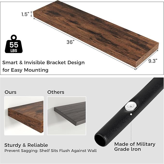 Floating Shelves for Wall, Engineered Wood Wall Shelves with Invisible Brackets for Living Room Bedroom Bathroom Office Kitchen Decor and Storage (Brown, 36" W x 9" D x 1.5" H) Set of 2