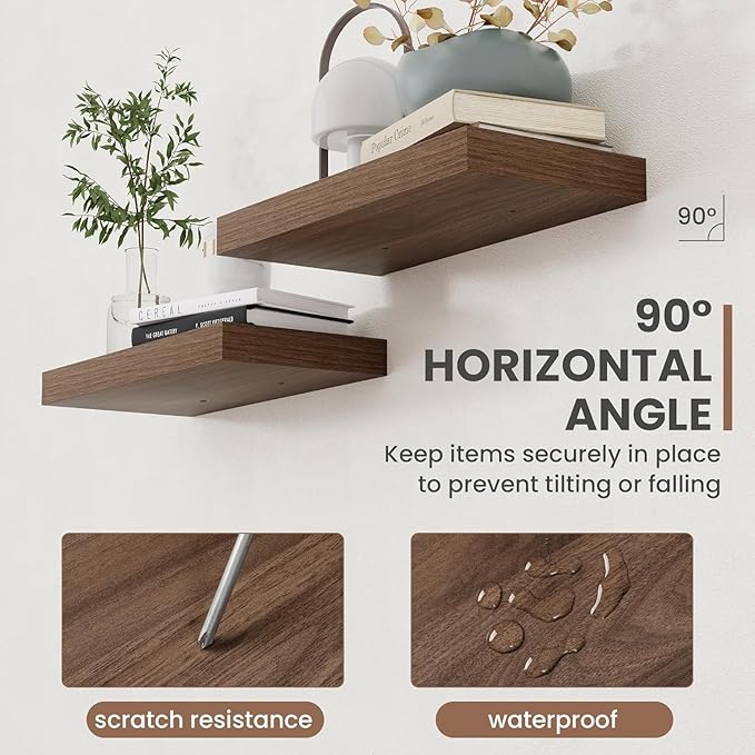 55 Inch Floating Shelves, 8 Inch Deep Floating Shelves for Wall, Hanging Shelf with Invisible Brackets, Deep Shelves for Bathroom, Bedroom, Living Room, Walnut, Set of 2
