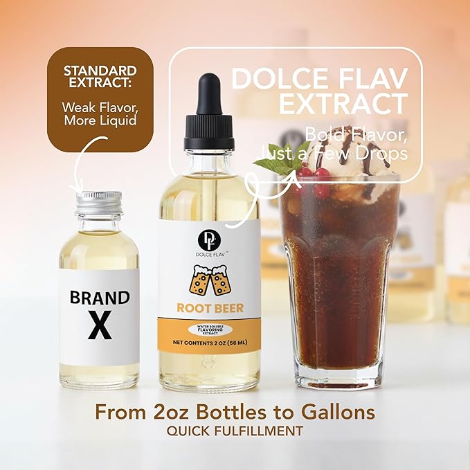 Dolce Flav Root Beer Extract - 2 Ounce Water-Soluble Multipurpose Flavoring Ideal for Baking, Beverages (Coffee, Water Mocktails), and Ice Cream - Root Beer Essence Perfect for Weight Management