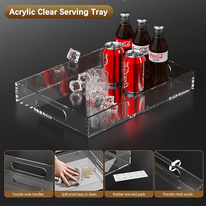 2 Pack 12"x17" Acrylic Serving Tray with Handle-Clear Acrylic Trays for Serving Food -6mm Thick Large Outdoor Lucite Tray-Stackable Makeup Organizer(12X17X2.4, 11.2X16.2X2.4)