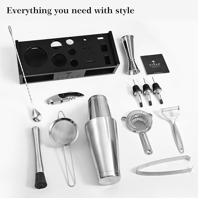 Cocktail Shaker Set Drink Mixer Bar Accessories – 15Pcs Mixology Bartender Kit Includes Boston Shaker, Japanese Jigger, Strainer, Bottle Opener, Cocktail Mixing Spoon – Handcrafted Wood Stand