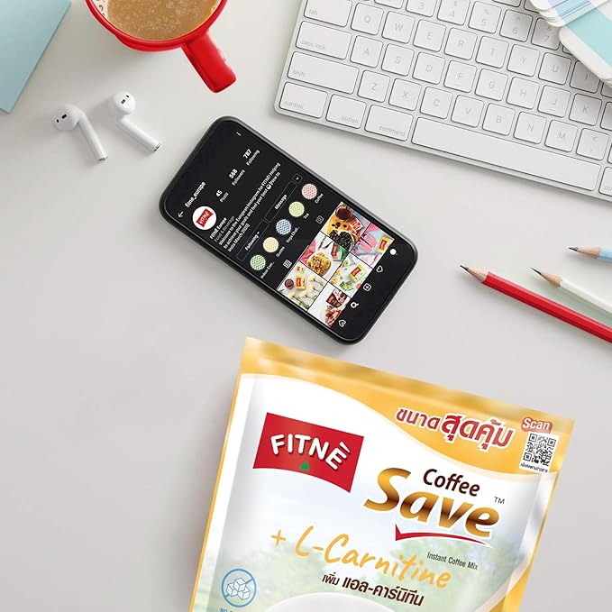 FITNE Instant 3 in 1 Coffee Packets Mix with L-Carnitine for Workout Exercise Vitamin B1 B2 B6 Smooth Blend No Sugar Sucralose Sweetener, 18 Sachets