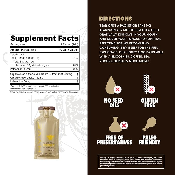 HYVE Mind Functional Honey – Focus & Memory Organic Honey with Lion's Mane Mushrooms, Raw Cacao, Bee Pollen & L-Theanine – Cognitive Support, 15 Packets