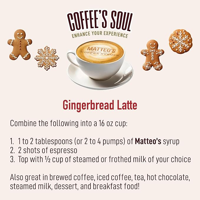 Matteo's Gingerbread Syrup for Coffee, Lattes, Cappuccinos & Desserts – Sugar-Free Sweetener for Beverages, Keto Friendly, Zero Calories, Indulgent Flavor, Non-Alcoholic, Ideal for Coffee 33.8oz (1pk)