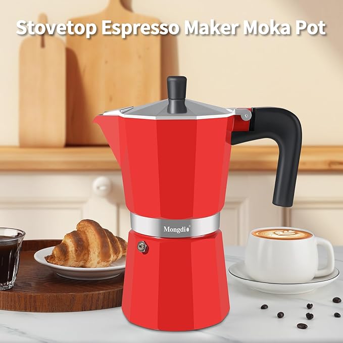 Mongdio Stovetop Espresso Maker Moka Pot, Stove Top Cuban Coffee Maker, Italian Greca Mocha Pot, 12 Espresso Cups, 20 oz - Red